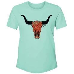 'Hooey' Women's Floral Skull Crew Neck Short Sleeve Tee - Turquoise